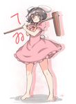  :3 ahoge animal_ears barefoot black_hair bunny_ears bunny_tail carrot_necklace character_name dress eyebrows full_body inaba_tewi looking_at_viewer mallet ototobe pink_eyes short_hair silhouette sketch smile solo standing tail thick_eyebrows touhou 