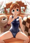  aqua_eyes breasts brown_hair covered_navel flower highres idolmaster idolmaster_(classic) looking_at_viewer medium_breasts one-piece_swimsuit school_swimsuit sitting smile solo spread_legs stuffed_animal stuffed_toy swimsuit takatsuki_yayoi teddy_bear tokiani twintails 