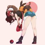  animal animal_on_back ass bag baseball_cap bent_over black_footwear black_legwear blue_eyes blue_shorts boots breasts brown_hair carrying chiko_(d04099) circle denim denim_shorts exposed_pocket finger_to_mouth from_behind full_body gen_5_pokemon hat index_finger_raised kneepits long_hair looking_at_viewer looking_back parted_lips piggyback pokemon pokemon_(creature) pokemon_(game) pokemon_bw shade short_shorts shorts shoulder_bag shushing simple_background sleeping sleeveless small_breasts socks standing tepig touko_(pokemon) wristband 