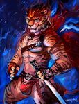  2016 abs anthro belt biceps blue_eyes bulge cape cheetahpaws claws clothed clothing fangs feline fur jewelry male mammal melee_weapon muscular necklace partially_clothed pecs simple_background smile stripes sword teeth tiger topless underwear weapon 