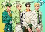  black_eyes black_hair blonde_hair bowler_hat c-7_(assate) formal frown gloves gradient gradient_background green_hair hair_slicked_back hat jojo_no_kimyou_na_bouken kawajiri_kousaku kira_yoshikage multiple_persona necktie parody silver_hair smile spiked_hair suit sweater translation_request white_gloves 