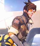  1girl 3d animated_gif brown_hair goggles jacket lena_oxton overwatch sexually_suggestive short_hair solo 