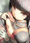  bangs black_hair blunt_bangs blurry blush breasts closed_mouth colored_eyelashes depth_of_field downblouse frills from_above gate_-_jieitai_ka_no_chi_nite_kaku_tatakaeri gloves holding_hands lifted_by_self long_hair long_sleeves looking_at_viewer out_of_frame piro_(orip) pov red_eyes ribbon rory_mercury signature small_breasts smile snowing solo_focus turtleneck upper_body 