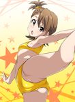  :o ass bra breasts brown_eyes brown_hair cameltoe futami_ami highres idolmaster idolmaster_(classic) leg_up looking_at_viewer midriff navel open_mouth panties short_hair side_ponytail small_breasts solo sports_bra sportswear tokiani underwear underwear_only yellow_bra yellow_panties 