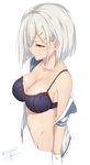  black_bra blue_eyes bra breasts cleavage collarbone gloves hair_ornament hair_over_one_eye hairclip hamakaze_(kantai_collection) isshiki_(ffmania7) kantai_collection large_breasts navel off_shoulder signature silver_hair simple_background solo underwear undressing upper_body white_background white_gloves 