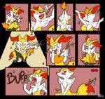  &lt;3 2016 ambiguous_gender anthro belly black_fur blush braixen burping canine comic cute digestion drooling duo embarrassed english_text female fire fox fur green_eyes inner_ear_fluff kneeling mammal musical_note neck_bulge nintendo nude open_mouth pawprint pok&eacute;mon red_background red_eyes red_fur red_nose rena_ayama saliva shocked signature simple_background size_difference slit_pupils smile soft_vore star stick sweat teeth text tongue tongue_out tuft video_games vore watermark white_fur yellow_fur 