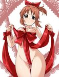  :o abe_nana ass_visible_through_thighs bangs bow breasts brown_hair collarbone cowboy_shot eyebrows eyebrows_visible_through_hair highres holding idolmaster idolmaster_cinderella_girls lace lifted_by_self looking_at_viewer medium_breasts naked_ribbon nude ponytail red_bow red_ribbon ribbon solo thigh_gap tokiani unwrap_me_body_bow white_background 