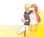  arms_behind_back ayase_eli blonde_hair casual closed_eyes couple kiss long_hair love_live! love_live!_school_idol_project multiple_girls pants pito_(sh02327) raglan_sleeves shorts toujou_nozomi watch wristwatch yuri 