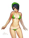  2008 bikini black_hair breasts brown_eyes cowboy_shot front-tie_bikini front-tie_top green_bikini hair_over_one_eye lips niklas_jansson noitu_love_2 rev_lover short_hair signature sketch small_breasts solo swimsuit 