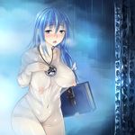  blue_eyes blue_hair blush book breasts covered_nipples highres hips jewelry large_breasts long_hair navel nipples pendant pentagram pubic_hair puffy_nipples see-through shirt solo sukumo_(kemutai) thighs wet wet_clothes wet_shirt 