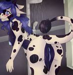  &lt;3 2016 anthro anus areola bathing bent_over big_breasts black_fur black_horn black_nose blue_anus blue_eyes blue_nipples blue_pussy blush bovine breasts brown_fur female fur hannahtailz hi_res horn inside looking_at_viewer looking_back mammal nipples nude pussy raised_tail rear_view shower side_boob sm0shy smile solargem solo spots tail_tuft tuft water wet 