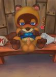  &lt;3 animal_crossing anthro balls big_balls blush erection front_view hi_res humanoid_penis japanese_text male mammal nintendo penis precum presenting presenting_penis reuben_(artist) solo tanuki text tom_nook_(animal_crossing) uncut video_games 