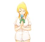  ayase_eli blonde_hair blue_flower blue_rose bow bowtie closed_eyes collared_shirt cowboy_shot flower green_bow green_neckwear holding holding_flower long_hair love_live! love_live!_school_idol_project no_pants otonokizaka_school_uniform pito_(sh02327) ponytail rose school_uniform scrunchie shirt short_sleeves smile solo striped striped_bow striped_neckwear u_u white_background white_scrunchie white_shirt 