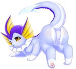  ambiguous_gender blue_body blush butt eeveelution feral fuddy looking_at_viewer mammal nintendo open_mouth paws pok&eacute;mon simple_background solo vaporeon video_games white_background yellow_eyes 