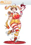  blonde_hair boots breasts faux_figurine food hamburger headphones huge_breasts mcdonald's mismatched_footwear nitroplus orange_eyes oskar_vega plump shorts solo super_pochaco suspenders thick_thighs thighhighs thighs twintails 