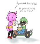  amy_rose butt clothing crossover english_text gloves hairband hedgehog high_heels human luigi mammal mario_bros nintendo prostitution shorts sonic_(series) text unknown_artist video_games 