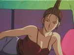  1girl 90s animated animated_gif baise bare_shoulders blue_eyes braid breasts brown_hair camisole cleavage couch earrings hunter_x_hunter jewelry large_breasts solo standing_up 