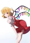  &gt;:) bad_id bad_pixiv_id bangs bare_legs bent_over blonde_hair blunt_bangs bow closed_mouth crystal demon_wings eyebrows eyebrows_visible_through_hair flandre_scarlet frilled_sleeves frills from_side highres looking_at_viewer looking_to_the_side rainbow_order red_bow red_eyes red_skirt red_vest shirt short_hair skirt smile solo standing tareme touhou v-shaped_eyebrows vest white_shirt wings xly_97 