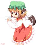  animal_ears brown_eyes brown_hair cat_ears cat_tail chen commentary_request fang green_hat hat jewelry long_sleeves mob_cap multiple_tails nekomata open_mouth pila-pela short_hair single_earring solo string_phone tail touhou two_tails 