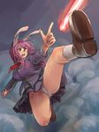  action animal_ears blazer blue_skirt breasts brown_footwear bunny_ears chanta_(ayatakaoisii) collared_shirt energy_beam finger_gun firing foreshortening full_body highres jacket large_breasts legs long_hair looking_afar looking_up necktie outstretched_arm panties pantyshot purple_hair red_eyes red_neckwear reisen_udongein_inaba shirt shoes sidelocks skirt smoke solo sweatdrop teeth thighs tongue touhou underwear white_legwear white_shirt 