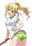  :d baton blonde_hair blush breasts buruma butt_crack green_buruma green_eyes gym_uniform headband highres hoshii_miki idolmaster idolmaster_(classic) long_hair looking_at_viewer medium_breasts open_mouth ponytail simple_background smile solo sweat tokiani white_background 