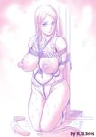  areolae blush bondage breasts female full_body gradient gradient_background kakugari_kyoudai kneeling large_breasts long_hair looking_at_viewer monochrome nipples parted_lips plump solo sweat vibrator 
