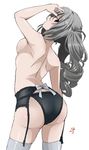  :o arched_back arm_up ass black_panties blush bow breasts cowboy_shot curly_hair from_behind garter_belt idolmaster idolmaster_cinderella_girls kanzaki_ranko long_hair looking_back medium_breasts open_mouth panties pose profile red_eyes see-through shift_(waage) sideboob signature silver_hair simple_background solo standing thighhighs topless twintails underwear white_background white_bow white_legwear 