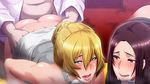  1boy 2girls ass bare_arms bare_legs bare_shoulders bent_over blonde_hair blue_eyes blush brown_hair butcha-u clothed_sex collar cum dimples_of_venus eyebrows eyebrows_visible_through_hair facial fat fat_man game_cg hair_bun hazama_eri highres indoors long_hair looking_at_another looking_back makeup meikoku_gakuen_jutai_hen:_onegaishimasu......_sensei_no_seieki_de,_watashi-tachi_wo_tasukete_hoshiin_desu! mole multiple_girls nijou_shizue no_panties open_mouth parted_lips raised_eyebrows red_eyes sex shiny shiny_hair shiny_skin skirt skirt_lift vaginal watching white_skirt 