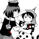  2girls :3 arm_grab chain collar doremy_sweet earth_(ornament) hand_on_another's_head hat hecatia_lapislazuli monochrome moon_(ornament) multiple_girls nightcap off-shoulder_shirt paintbrush polos_crown pom_pom_(clothes) red shikushiku_(amamori_weekly) shirt short_hair short_sleeves simple_background smile spot_color struggling sweat touhou trembling turn_pale white_background 