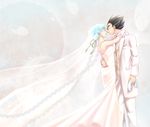  arm_around_waist arms_around_neck black_hair bridal_veil bulma closed_eyes dragon_ball dragon_ball_z dress feathers flower fuoore_(fore0042) gloves gloves_removed hair_flower hair_ornament hair_ribbon highres holding holding_gloves husband_and_wife lipstick long_dress makeup necktie pink_lipstick ribbon short_hair smile spiked_hair strapless strapless_dress tuxedo vegeta veil wedding_dress white_gloves 
