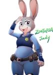  2016 anthro armor badge belt big_ears buckteeth bulletproof_vest clothed clothing disney female floppy_ears fluffy fluffy_tail fully_clothed judy_hopps kokkoman lagomorph looking_at_viewer mammal open_mouth pink_nose police police_badge police_officer police_uniform rabbit salute simple_background slightly_chubby small_tail smile solo teeth text thick_tail tongue uniform utility_belt zootopia 