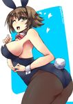  alternate_costume animal_ears ass backless_outfit breasts bunny_ears bunny_tail bunnysuit fishnet_pantyhose fishnets flipped_hair green_eyes kantai_collection large_breasts leotard light_brown_hair looking_at_viewer mutsu_(kantai_collection) off_shoulder one_eye_closed open_mouth pantyhose shinshin short_hair sideboob solo tail 