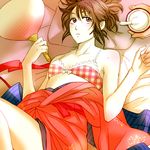  1girl 3mm bra brown_hair flat_chest gintama japanese_clothes lying shimura_tae solo 