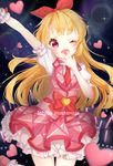  ;d aikatsu! aikatsu!_(series) arm_up blonde_hair blush bow character_name covering_mouth dress frilled_dress frills glowstick hair_bow hair_ribbon heart highres hoshimiya_ichigo jimmy long_hair looking_at_viewer nail_polish necktie night night_sky one_eye_closed open_mouth red_eyes ribbon short_sleeves sky smile solo star_(sky) starry_sky water_drop wrist_cuffs 