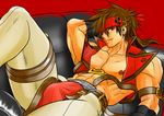  1boy abs bara brown_hair bulge couch erection looking_at_viewer male_focus muscle pecs red_eyes solo tagme underwear undressing 