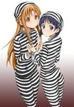  ass asuna_(sao) black_hair brown_eyes brown_hair cuffs green_eyes handcuffs hat kirigaya_suguha koube long_hair multiple_girls prison_clothes short_hair striped sword_art_online 