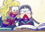  blonde_hair book braid brown_hair choroko_(osomatsu-san) desk eyelashes ganguro glasses gyuunyuu_(amaebitmg) heart heart_in_mouth jewelry juushiko_(osomatsu-san) lipstick makeup multiple_girls necklace osomatsu-san school_uniform serafuku translation_request triangle_mouth twin_braids yellow_eyes younger 