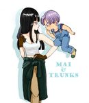  1girl age_difference ameneko bangs black_hair blue_eyes breasts brown_gloves character_name cleavage clothes_around_waist covered_nipples dragon_ball dragon_ball_z finger_on_trigger floating gloves gun hand_on_hip handgun jacket_around_waist lavender_hair mai_(dragon_ball) medium_breasts overalls tank_top trunks_(dragon_ball) weapon 