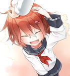  anchor_symbol bad_id bad_pixiv_id black_legwear blush brown_hair closed_eyes commentary_request fang hair_between_eyes hair_ornament hairclip hand_on_another's_head hand_on_own_head highres ikazuchi_(kantai_collection) jewelry kantai_collection long_sleeves manarou neckerchief open_mouth out_of_frame petting pleated_skirt red_neckwear ring school_uniform serafuku short_hair skirt smile solo_focus wedding_band 