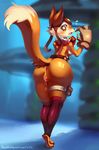  2016 amber_eyes anthro anus awesomenauts belt blush breasts butt canine claws clothing dripping eifie embarrassed feet female fluffy fox gloves hat legwear mammal penny pussy pussy_juice shiny side_boob solo sweat toes video_games view wet 