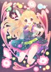 aikatsu! aikatsu!_(series) animal_ears arm_up ass_visible_through_thighs belt blonde_hair boots cat_ears dress earrings fake_animal_ears fingerless_gloves flower frilled_dress frills full_body gloves heart holding holding_microphone hoshimiya_ichigo jewelry jumping long_hair looking_at_viewer microphone necklace open_mouth red_eyes sleeveless smile solo star suzuho_hotaru teeth 