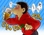  alcohol backlighting beer black_hair blue_background blush brand_name_imitation cup drinking drinking_glass gyuunyuu_(amaebitmg) heineken hood hoodie male_focus matsuno_osomatsu osomatsu-kun osomatsu-san simple_background solo striped striped_background sweat 