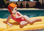  alkemanubis arm_support bangs bare_shoulders barefoot ben_10 breasts closed_mouth drinking earrings full_body garden green_eyes gwendolyn_tennyson hair_ornament hairclip highres jewelry legs looking_at_viewer lying on_side orange_hair pool short_hair small_breasts solo swept_bangs swimsuit toes 