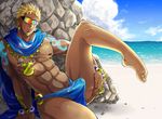  1boy bara barefoot beach blonde_hair bulge chikaredi cum drooling erection facial_hair glasses jewelry looking_at_viewer male_focus naughty_face ocean outdoors pov saliva sweat tongue underwear undressing water yaoi 