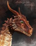  2012 3d_(artwork) ambiguous_gender brown_scales digital_media_(artwork) dragon drakkor feral green_eyes hi_res horn lizard looking_at_viewer red_scales reptile salireths scales scalie sharp_teeth simple_background solo spines teeth text white_scales 