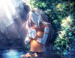  2016 armband blue_skin character_name closed_eyes facing_viewer fanziju hands_together horn league_of_legends long_hair outdoors pointy_ears solo soraka standing sunlight wading water white_hair wrist_wrap 