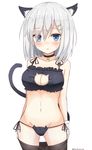  animal_ears bare_shoulders bell bell_choker bell_collar black_bra black_legwear black_panties blue_eyes blush bra breasts cat_cutout cat_ear_panties cat_ears cat_lingerie cat_tail choker cleavage_cutout collar eyes_visible_through_hair frilled_bra frills gloves hair_ornament hair_over_one_eye hairclip hamakaze_(kantai_collection) highres jingle_bell kantai_collection large_breasts meme_attire navel panties pantyhose pantyhose_pull pinoaisu short_hair side-tie_panties silver_hair simple_background solo stomach tail twitter_username underwear underwear_only white_background white_gloves 