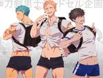  3boys abs black_nails blush doudanuki_masakuni gym_shorts iwatooshi jigoku_meguri male_focus multiple_boys muscle orange_hair pecs randoseru scar sharp_fingernails short_shorts sweat tattoo tight_shirt touken_ranbu yamabushi_kunihiro 