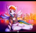  &lt;3 blue_body blurred_background clothed clothing cutie_mark detailed_background equine female friendship_is_magic hair hoodie looking_at_viewer mammal multicolored_hair my_little_pony omiart pegasus rainbow_dash_(mlp) rainbow_hair red_eyes semi-anthro smile solo underwear water wings 