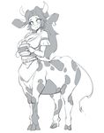  animal_ears bad_id bad_tumblr_id blush breasts centauroid cleavage cow_ears cow_horns cross_eyed full_body greyscale highres holding hooves horns jar jewelry long_hair malon medium_breasts monochrome monster_girl monsterification simple_background single_earring sketch slugbox smile solo the_legend_of_zelda the_legend_of_zelda:_ocarina_of_time white_background 